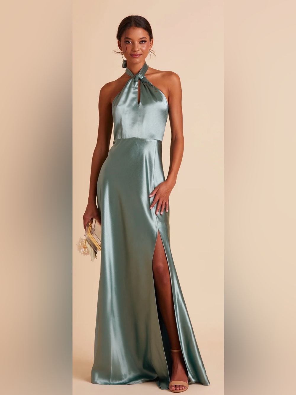 Birdy Grey Satin One-Shoulder Halter Gown in Sea Glass